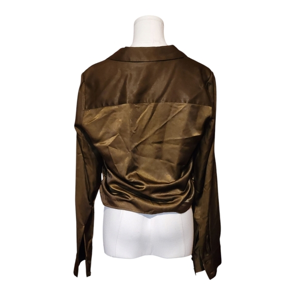 Sanctuary Bronze Green Satin Tie-Front Blouse Button Down Long Sleeve Sz Small - Picture 4 of 8